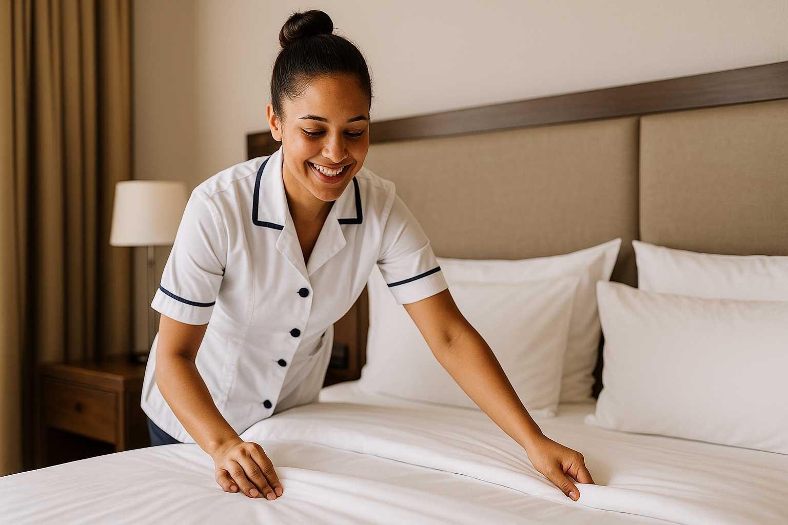 Profissional realizando arrumação de hotel